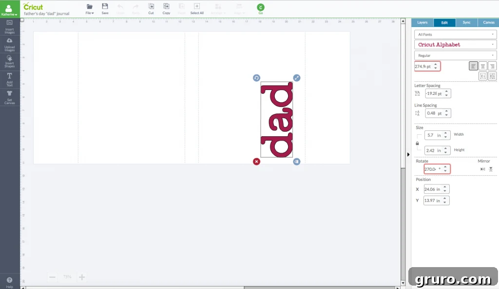 Screenshot of DIY Father's Day Journal text design in Cricut Design Space