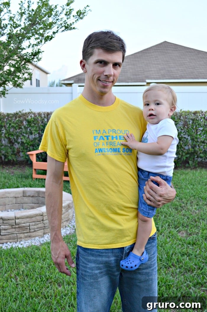 The newly ironed 'Proud Father' T-shirt, revealing the finished design