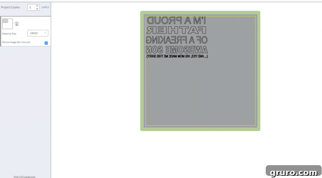 Ensuring 'Mirror' option is selected in Cricut Design Space for iron-on vinyl