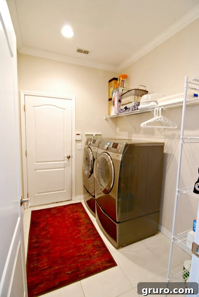 Neatly organized laundry room with essentials on display