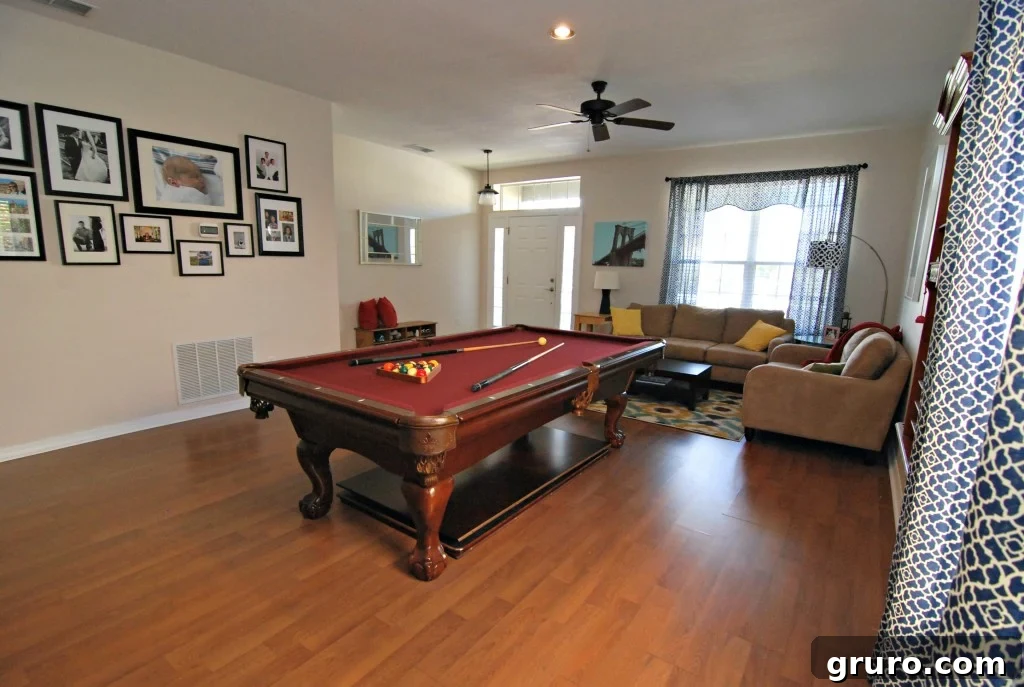 Interior view of a living space with a prominent pool table