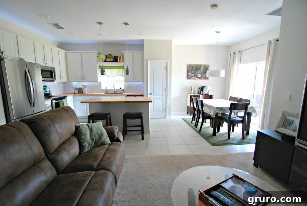 Inviting living room seamlessly connected to a modern kitchen