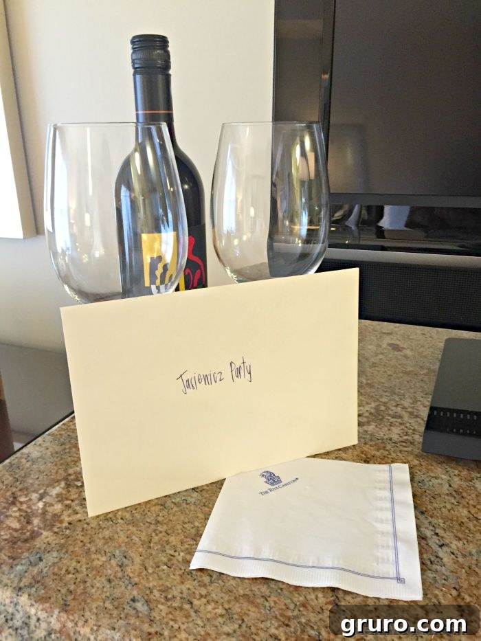 A delightful surprise bottle of wine awaits in the room, adding a romantic touch to the evening.