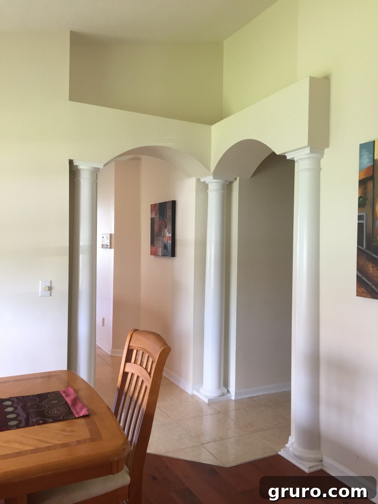 Decorative columns separating living spaces in the new home