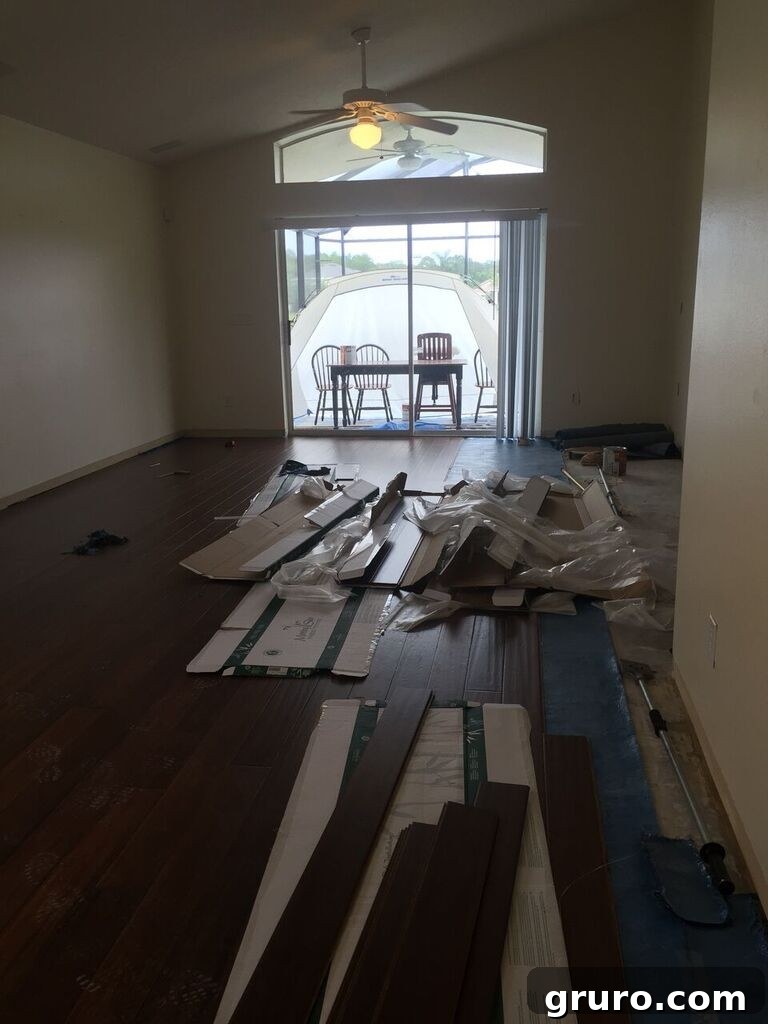 Transformation in Progress 14 Progress shot of newly installed hardwood floors in the family room