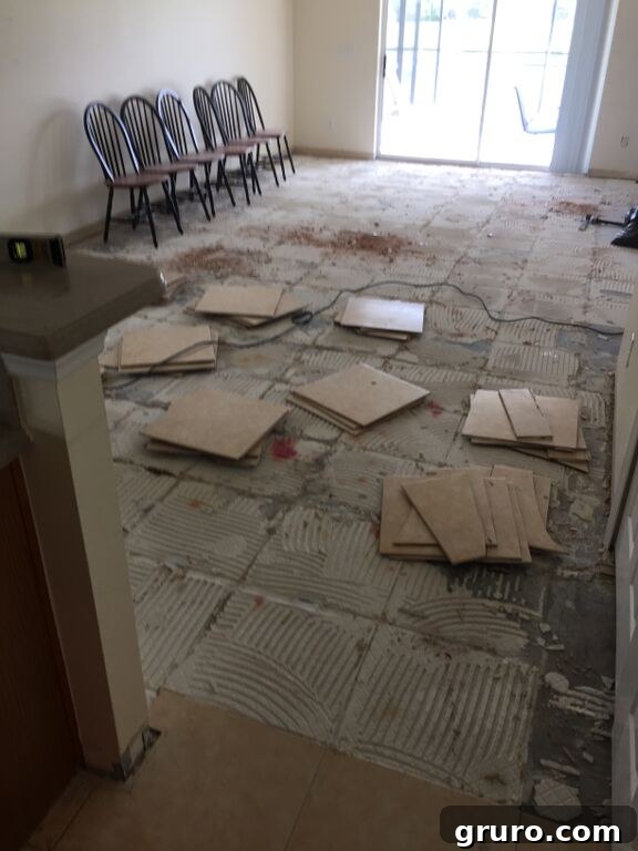 Transformation in Progress 8 Demolition of old floor tiles in the living room