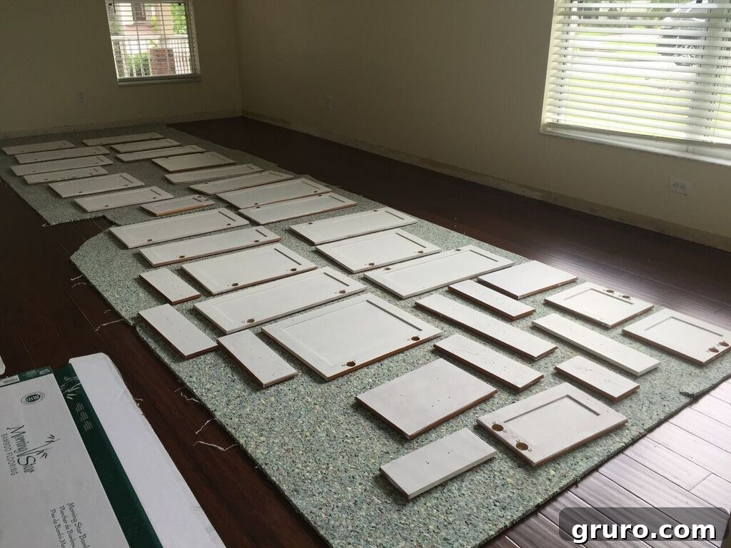 Transformation in Progress 10 Freshly painted kitchen cabinet doors drying