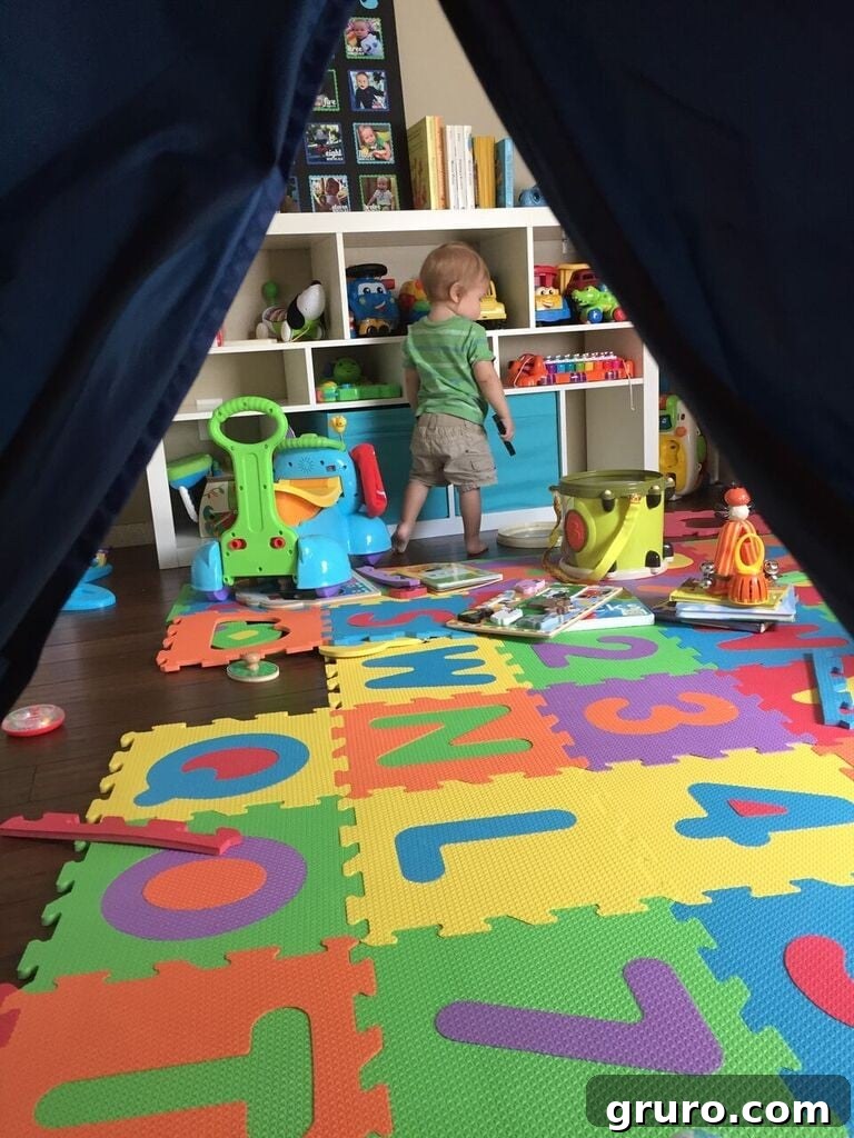 Cozy tent setup in a toddler's playroom, offering a private and imaginative play space