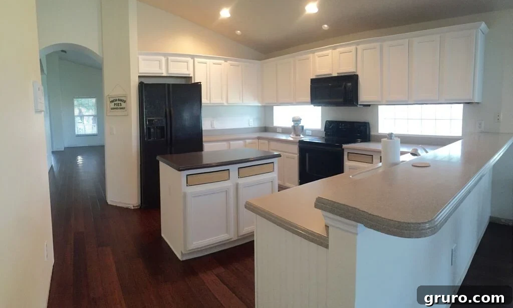 Freshly renovated modern kitchen with white cabinets and new appliances, sparkling on moving day