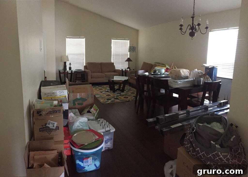 Living and dining room in a new home, featuring boxes and partially decorated spaces, authentic moving experience