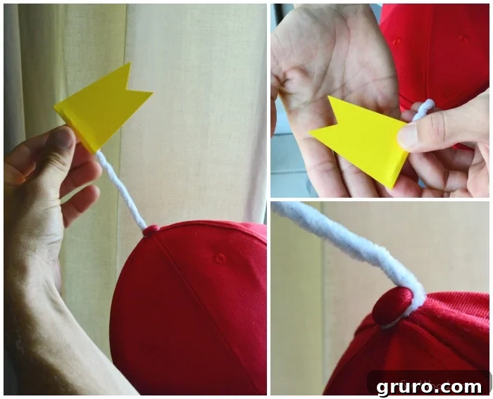 Effortless Tweedle Family Ensemble 3 Three photos showing the step-by-step process of how to make a Tweedledee hat with a yellow flag.