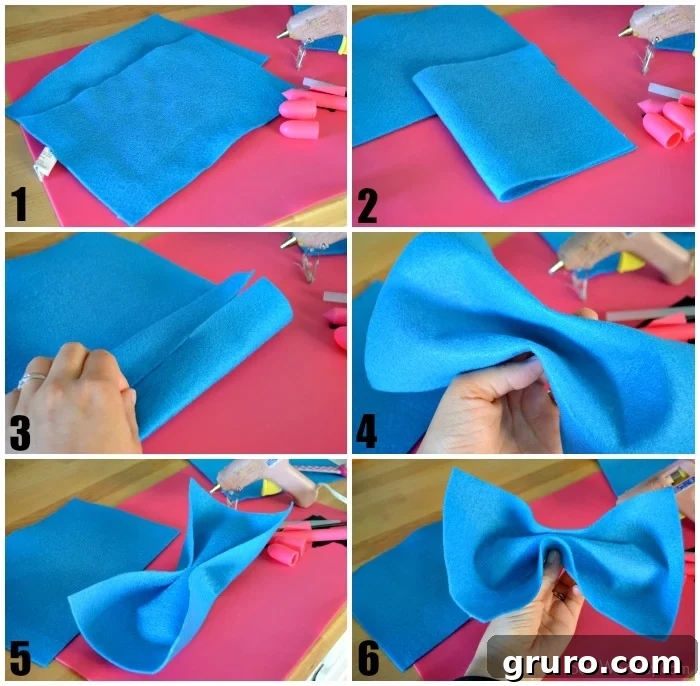 Six photos showing blue felt and pink mat making a felt bow tie.