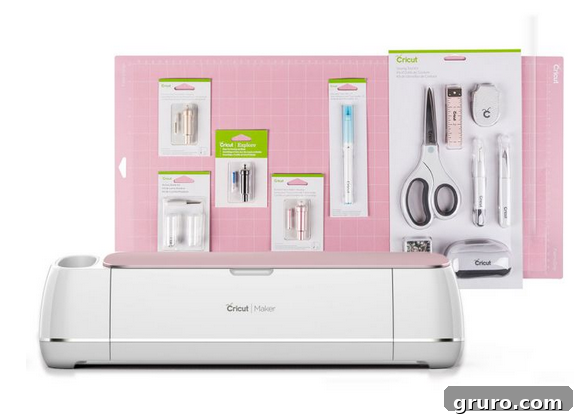 A stunning pink Cricut Maker machine, elegantly displayed with various sewing tools, extra blades, and a matching pink mat, showcasing its comprehensive crafting capabilities.