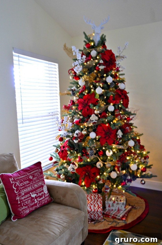 The Toddler-Proof Christmas Tree 5 Elegant Red Poinsettias with White and Gold Ornaments for Christmas