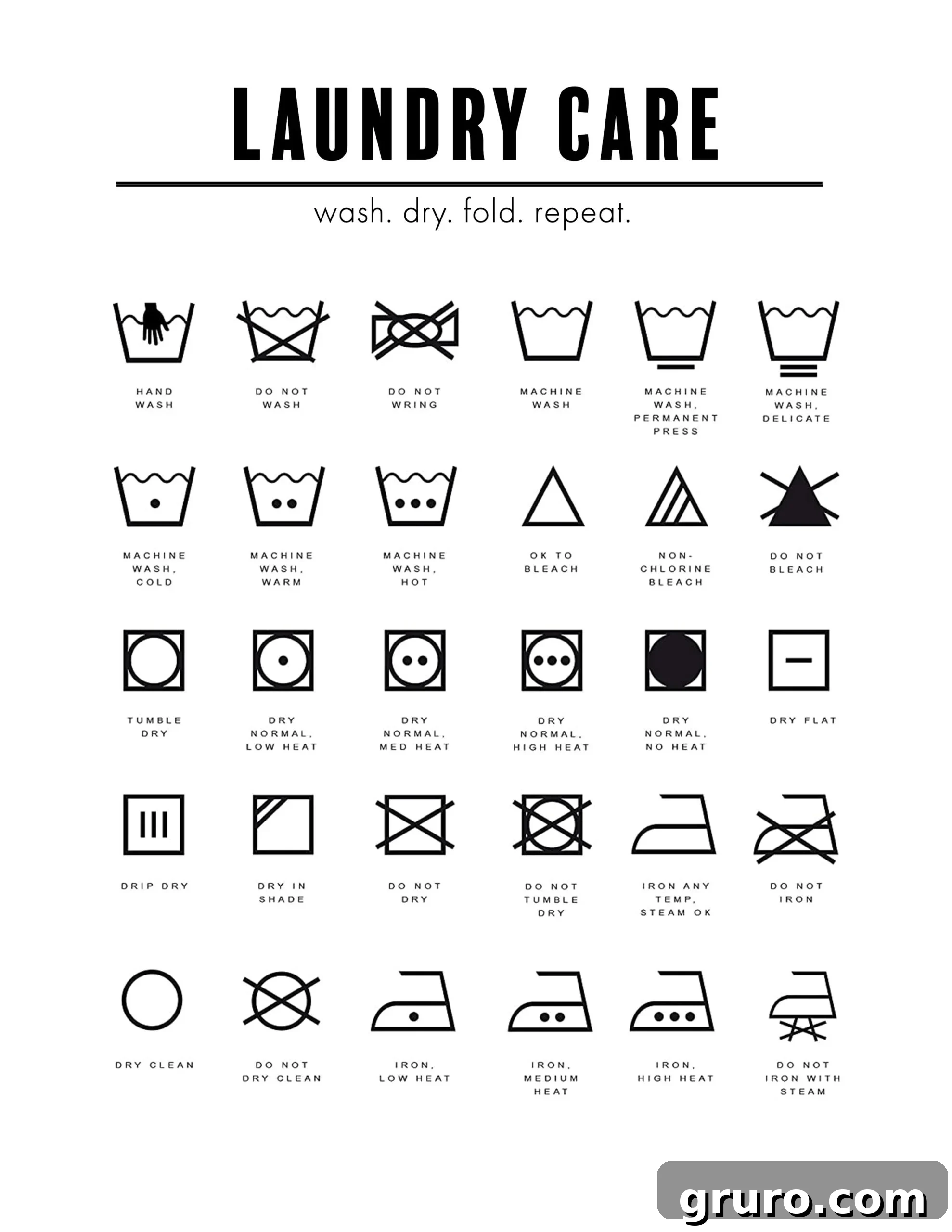 Detailed close-up of the Laundry Symbols Printable, showing various care icons for washing, drying, and ironing.
