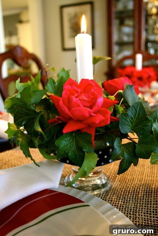 Dessert dishes creatively used to hold roses, ivy, and a candle as a centerpiece.