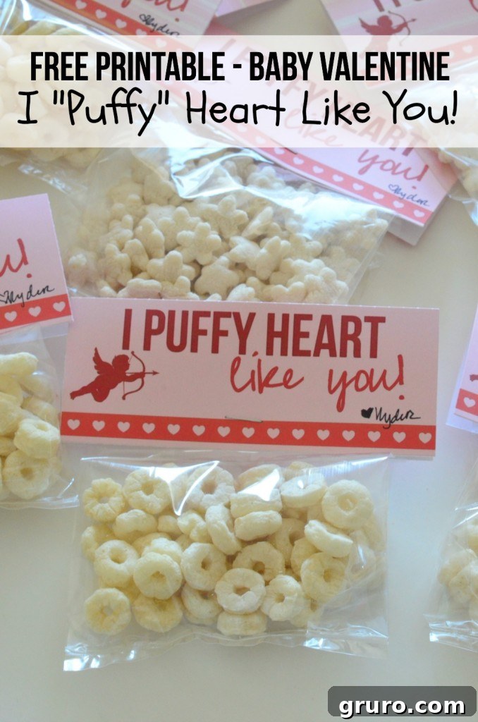 Adorable "I Puffy Heart Like You" Valentine with baby puffs