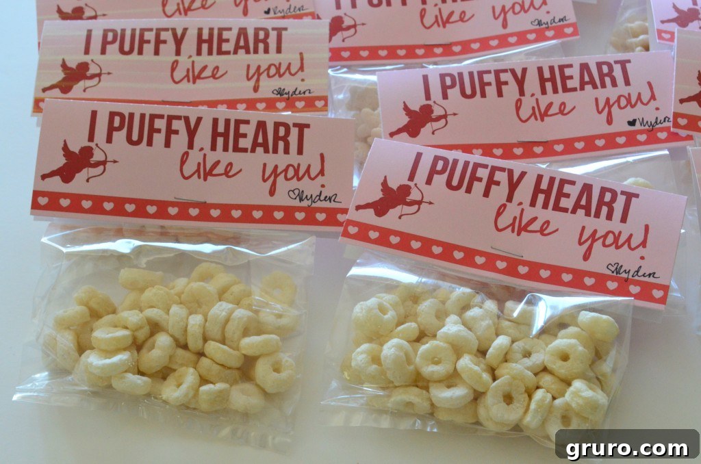 Close-up of the finished Puffy Heart Valentine treat bags