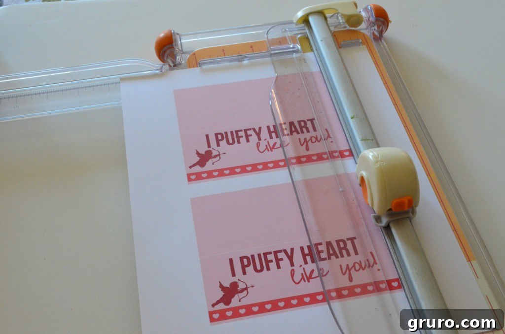 Printed I Puffy Heart Like You Valentine tags ready for trimming