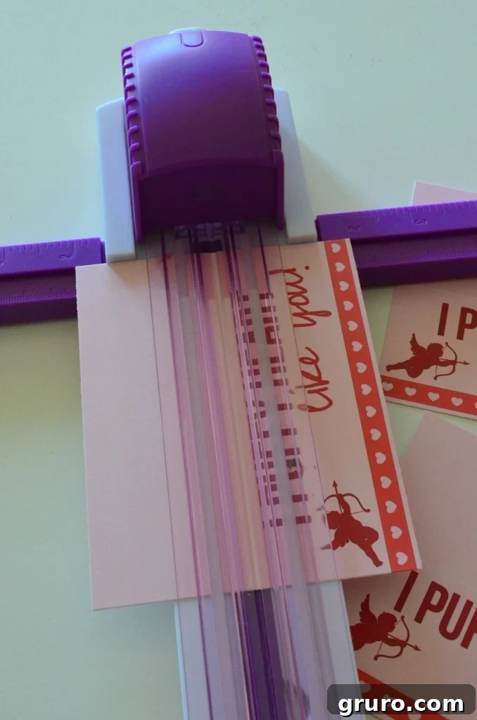 Scoring the center of the printable Valentine tag