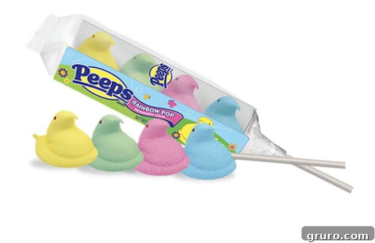 Four colorful Peeps Marshmallow Sticks, a classic Easter candy treat.