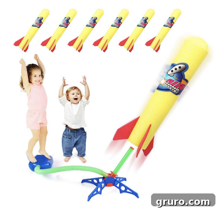 Kids playing with Jump Rocket Launchers, sending foam rockets high into the air.