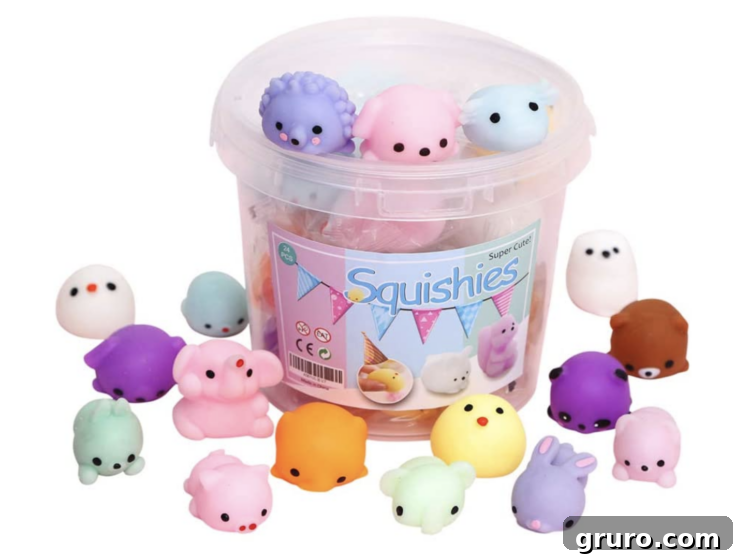 A bucket filled with various Mochi Squishy Toys, cute animal-shaped stress relief toys.