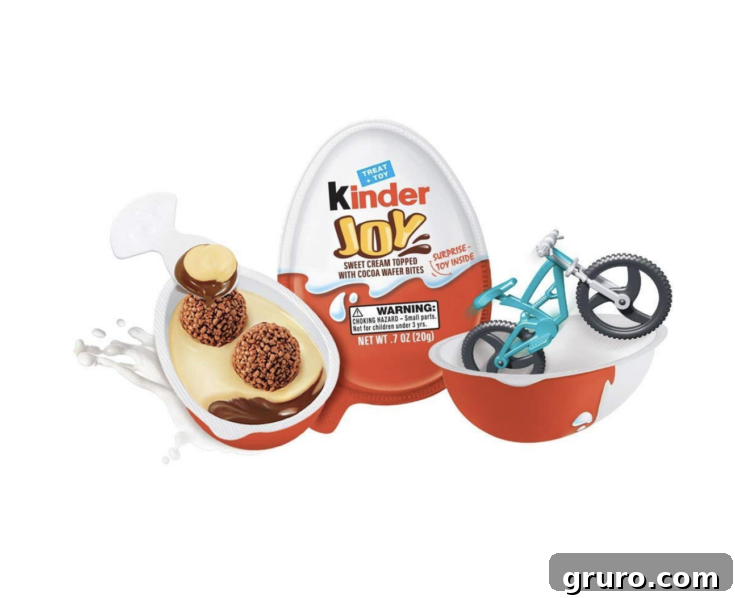 Kinder Joy Eggs, showing the two halves: one with chocolate cream and wafers, the other with a surprise toy.
