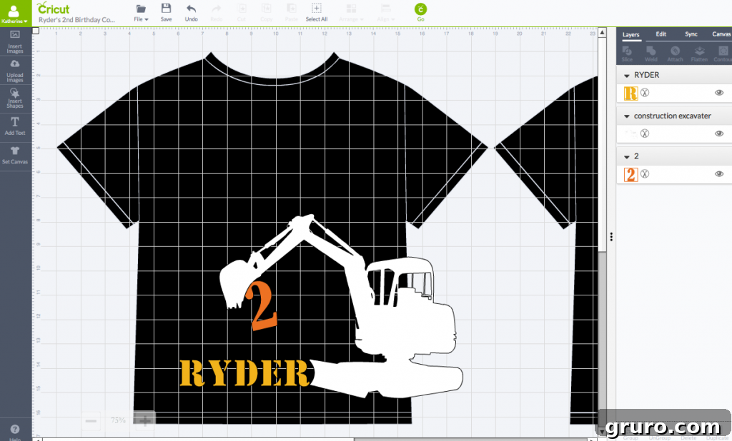 Cricut Design Space Screenshot for 2nd Birthday Construction Shirt