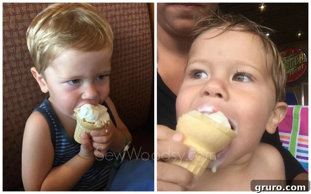 Toddler eating ice cream on cruise ship