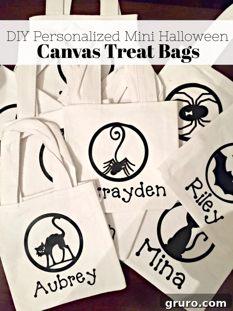Toddler holding a DIY Personalized Mini Halloween Canvas Treat Bag with a spooky cute design