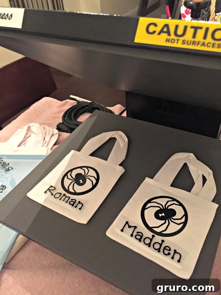 Applying Iron-On Vinyl to a canvas treat bag using a heat press