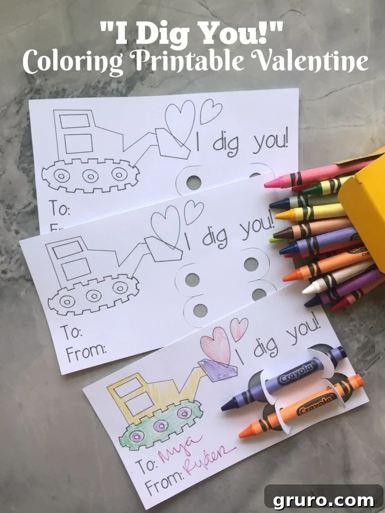 I Dig You Valentine Coloring Fun 2 Close-up of a completed 'I Dig You!' coloring Valentine card featuring a construction excavator