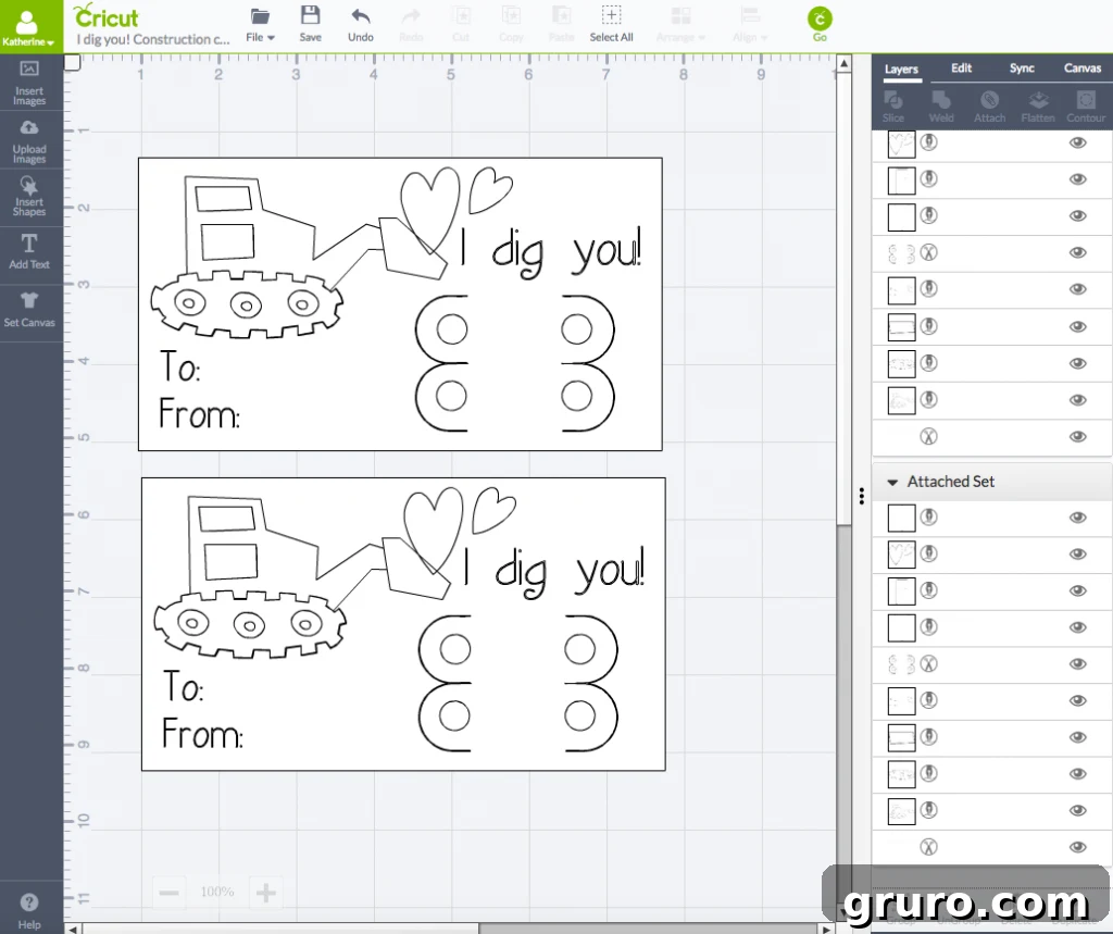 I Dig You Valentine Coloring Fun 3 Screenshot of 'I Dig You!' Valentine design layout within Cricut Design Space