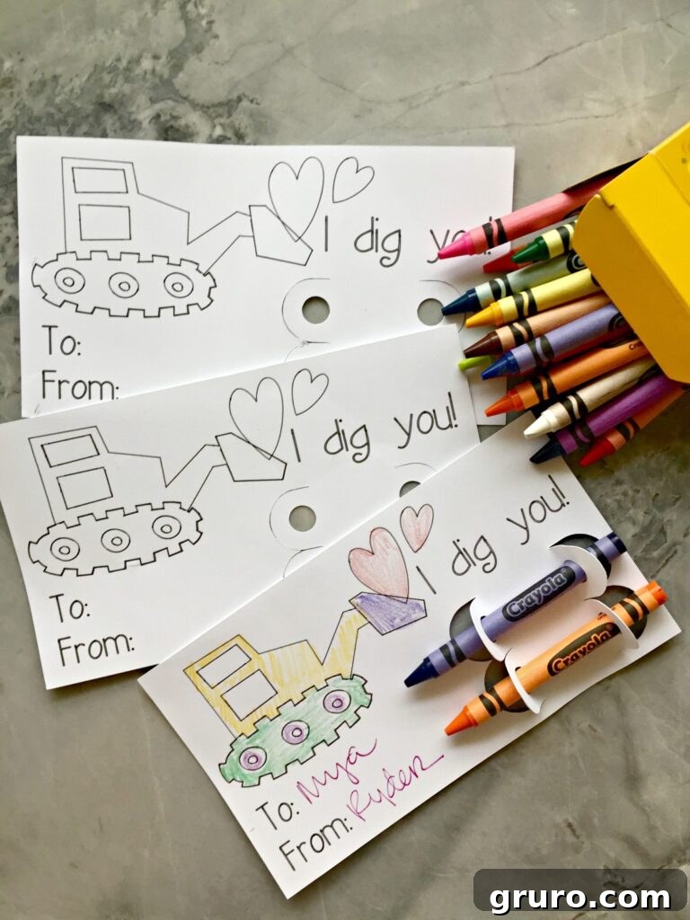 I Dig You Valentine Coloring Fun 8 A stack of finished 'I Dig You!' coloring Valentines with small crayon packs attached