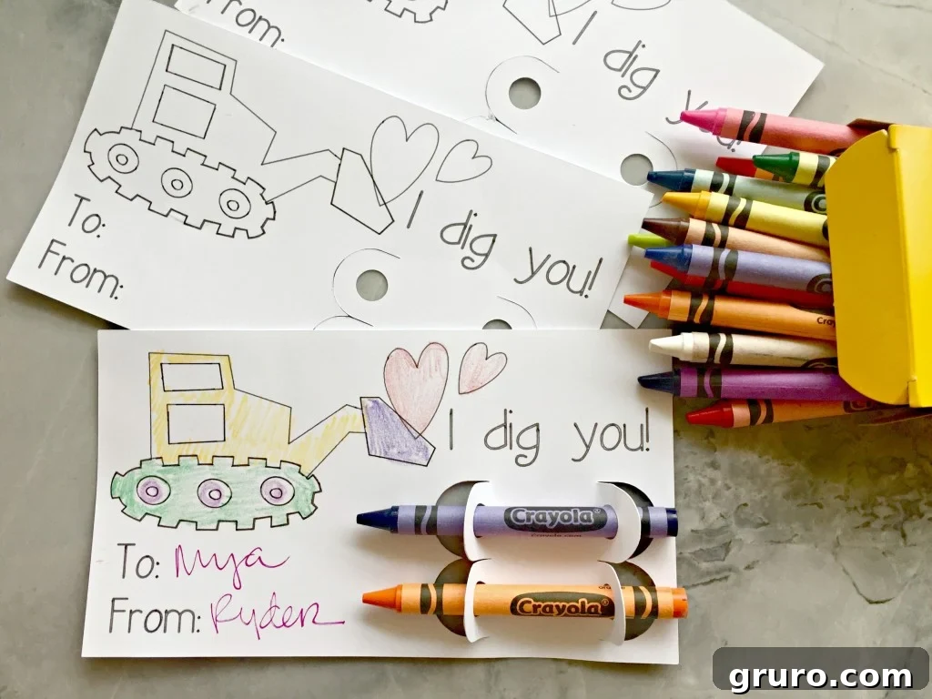 I Dig You Valentine Coloring Fun 9 A completed 'I Dig You!' Valentine card with crayons, ready for gifting