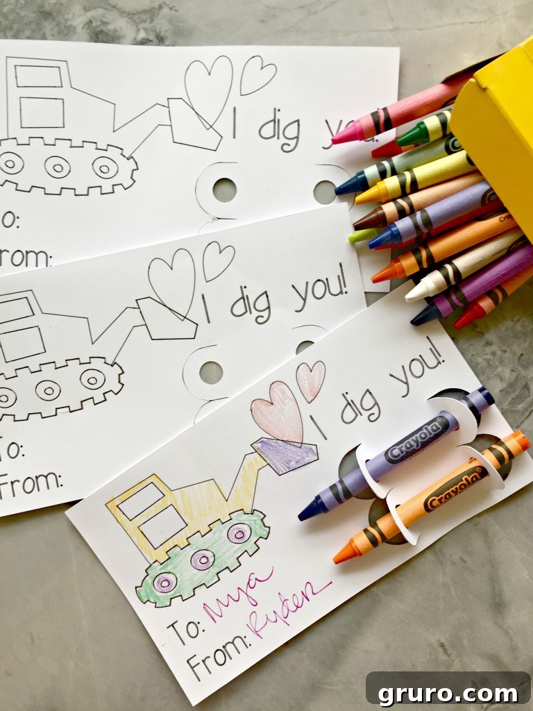 I Dig You Valentine Coloring Fun 10 A child's hand holding a colorful 'I Dig You!' Valentine, showcasing the finished coloring