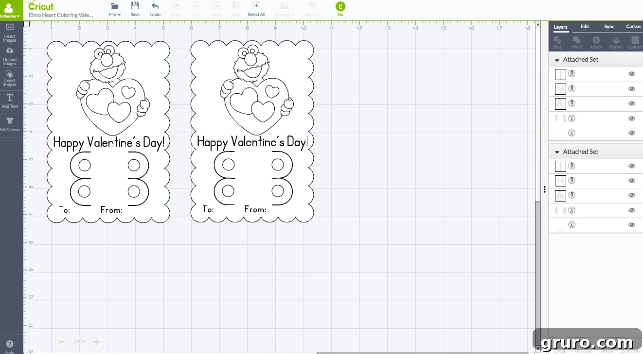 Elmo's Heartfelt Valentine 3 A screenshot showing two Elmo Valentine card designs loaded and ready in Cricut Design Space, illustrating the digital setup before cutting.