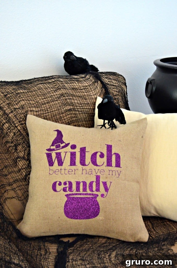Hand Over The Candy, Witch Pillow 15 Display of the finished 'Witch Better Have My Candy' DIY Halloween Pillow