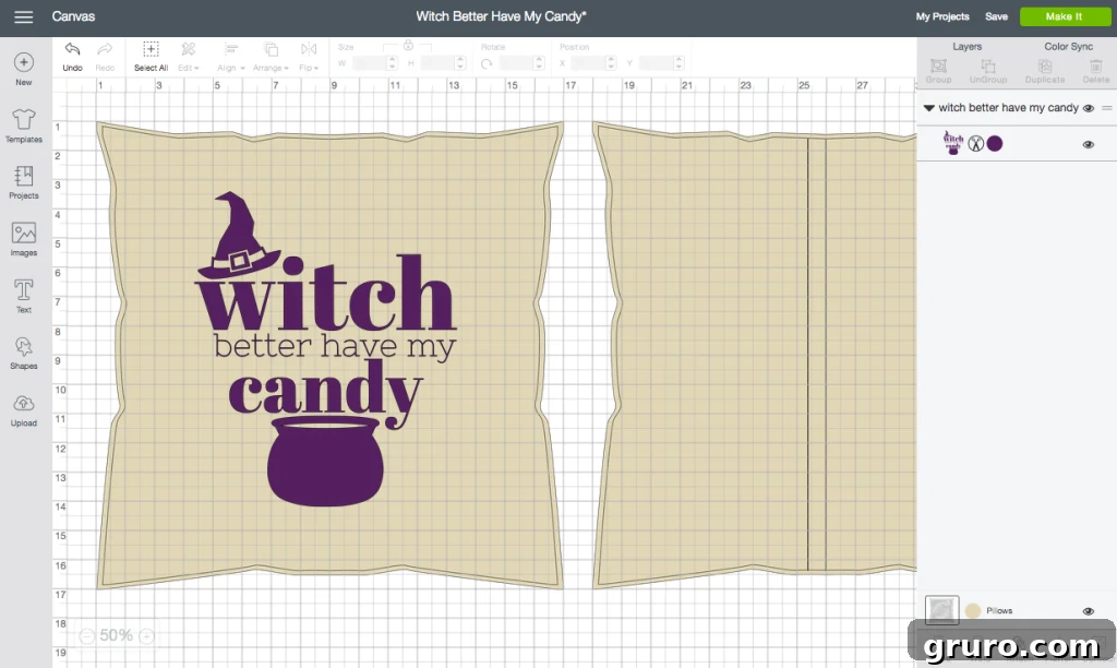 Hand Over The Candy, Witch Pillow 4 Screenshot of 'Witch Better Have My Candy' design in Cricut Design Space