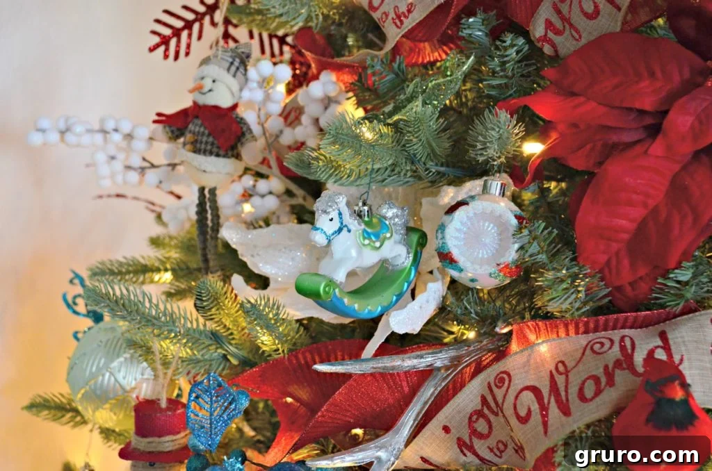 Close-up of Beautiful Whimsical Christmas Tree Ornaments and Decorations