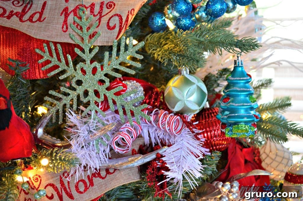 Elegant Whimsical Christmas Tree with Festive Greenery and Unique Ornaments
