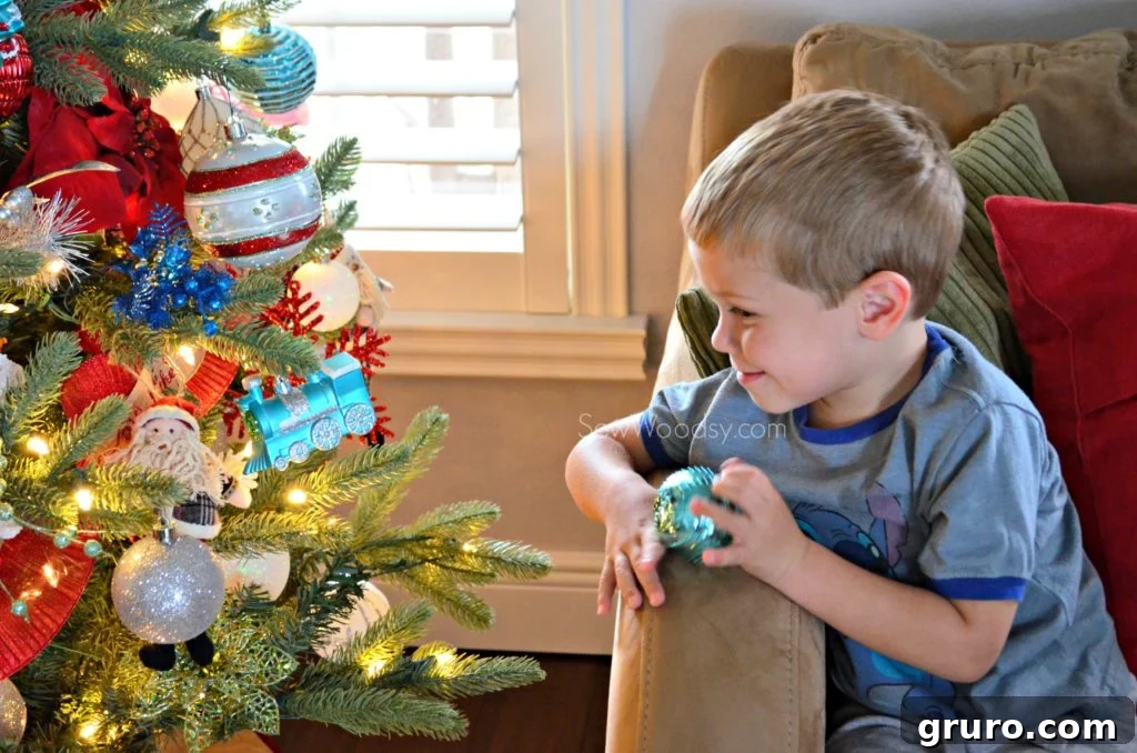 Whimsical Christmas Tree and a Child Enjoying the Festive Atmosphere