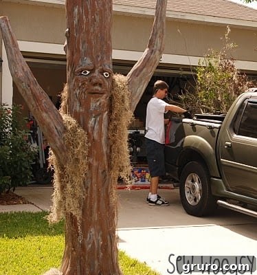 Mr. Woodsy collecting natural moss and branches from the woods to decorate the spooky trees.