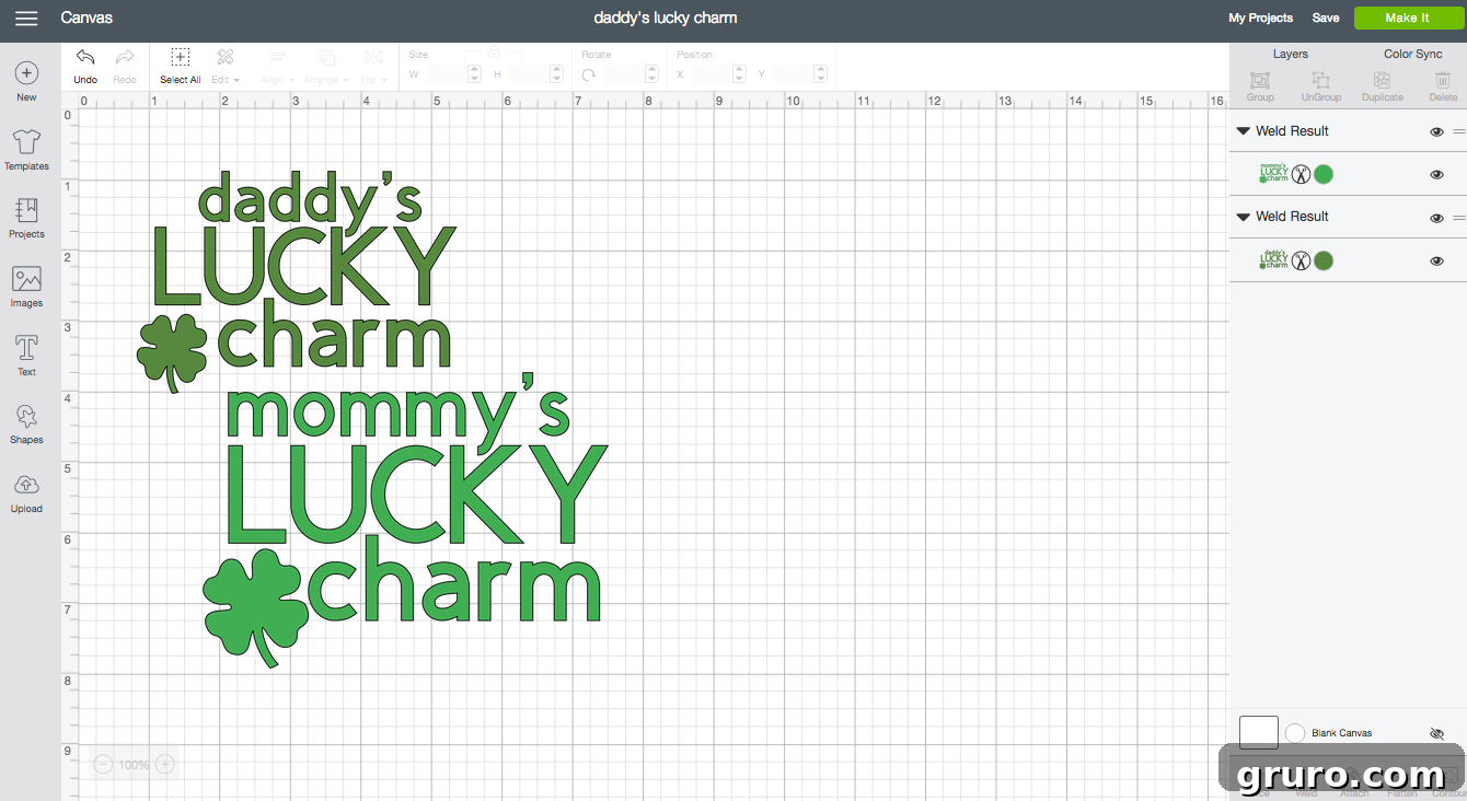 Talisman Tee 3 Cricut Design Space interface showing the 'Daddy's/Mommy's Lucky Charm' design