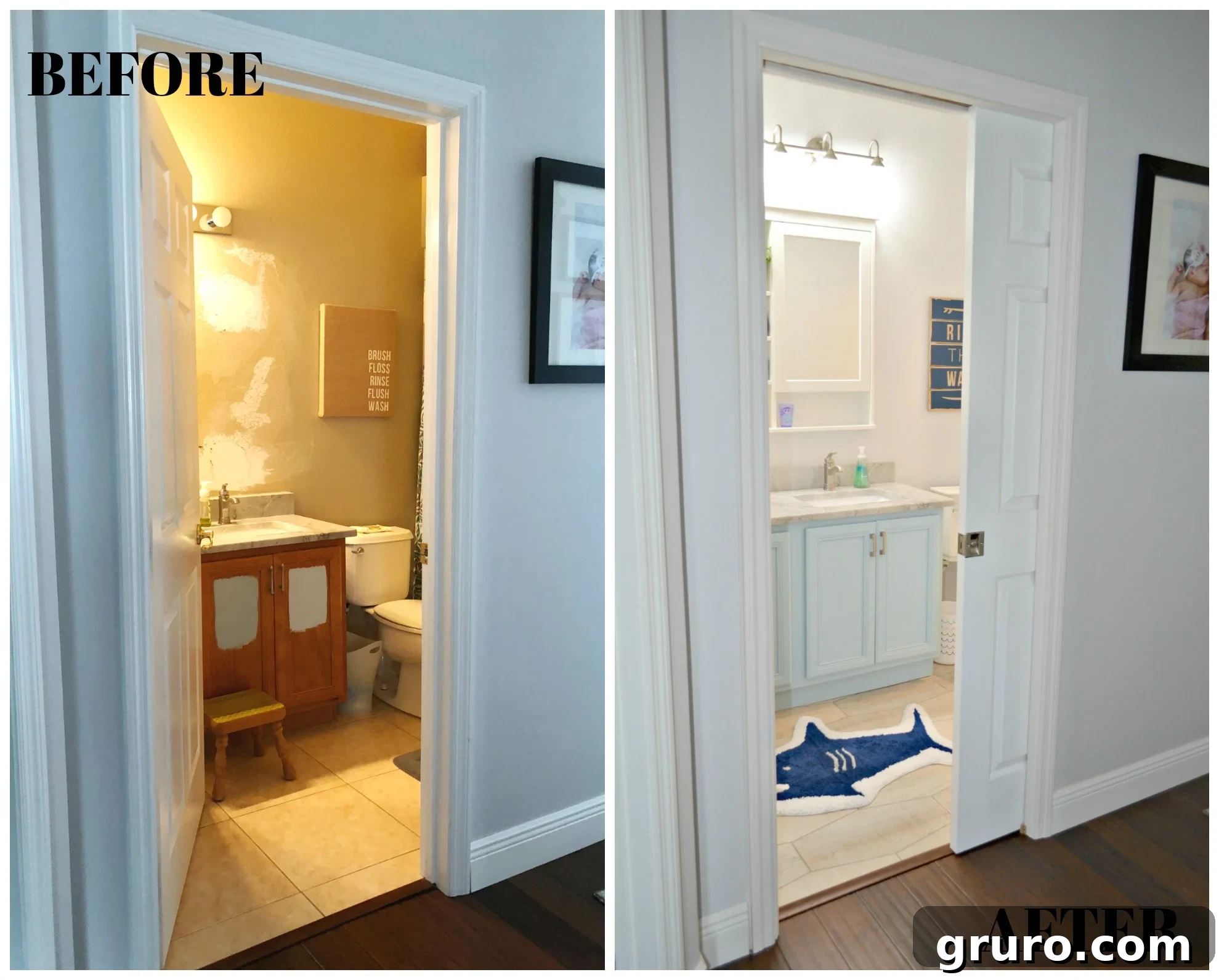 Kids Bathroom Renovation Before and After with New Pocket Door