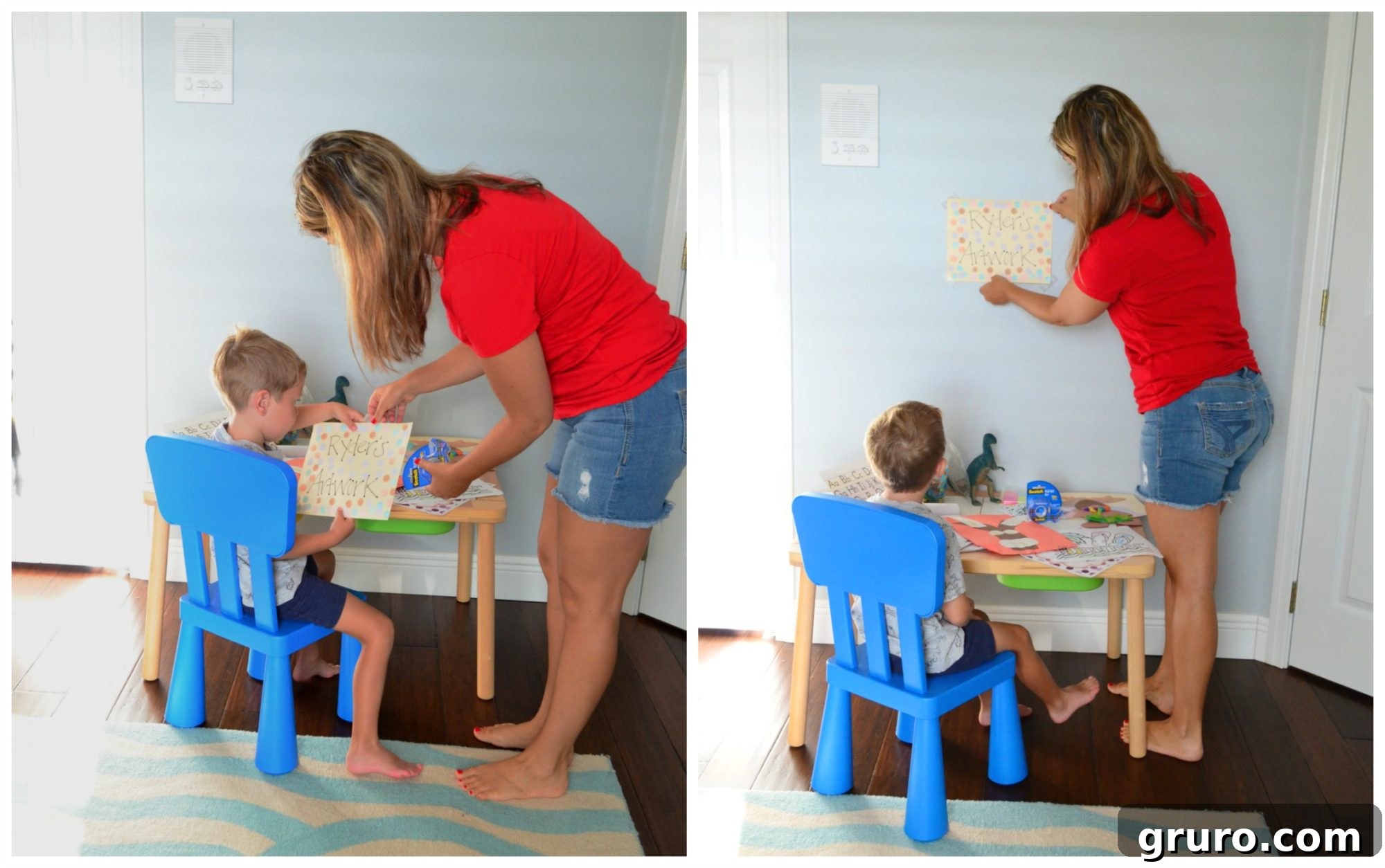 Supplies for preschooler's creative space: Scotch Wall-Safe Tape and artwork