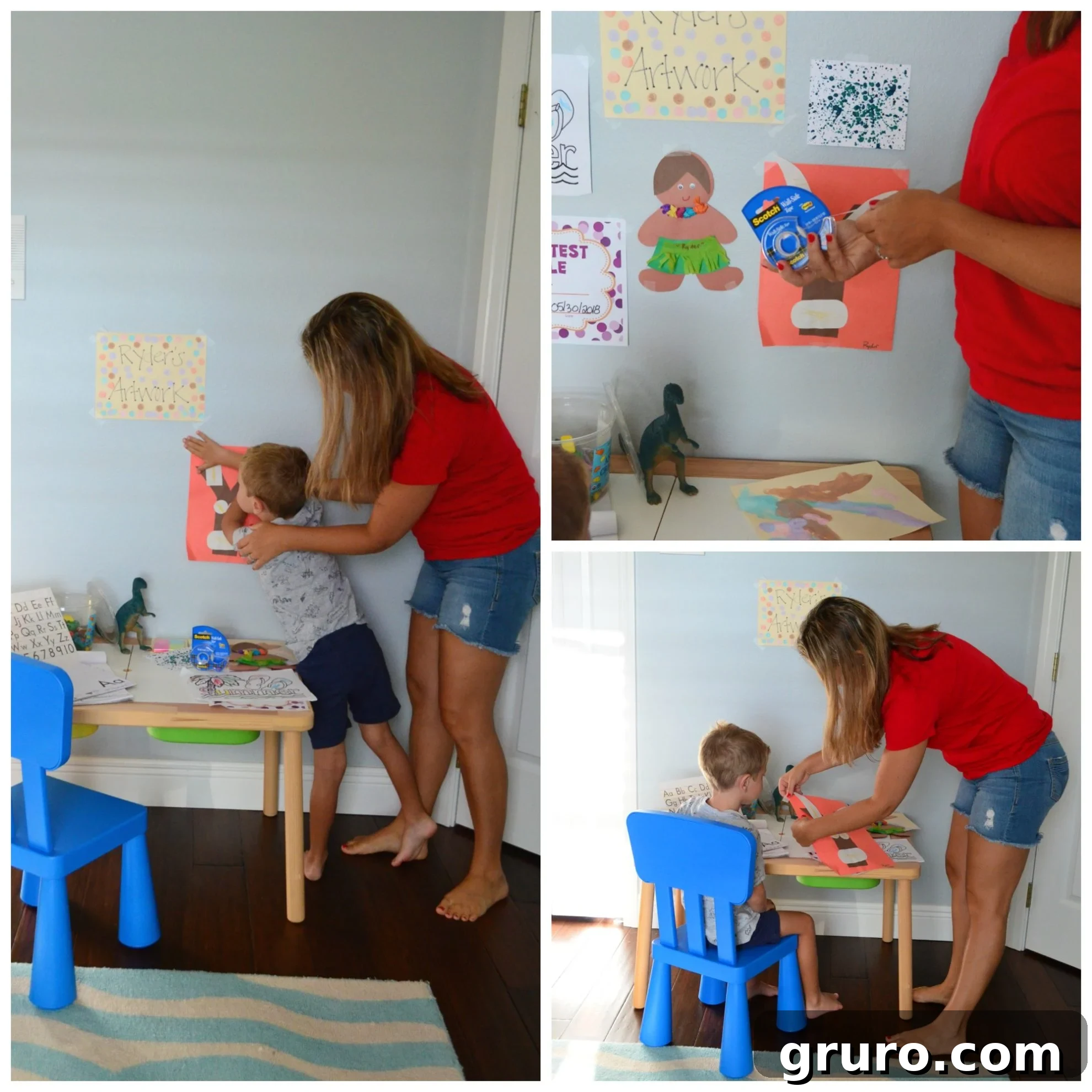 Child helping hang artwork with Scotch Wall-Safe Tape in creative workspace