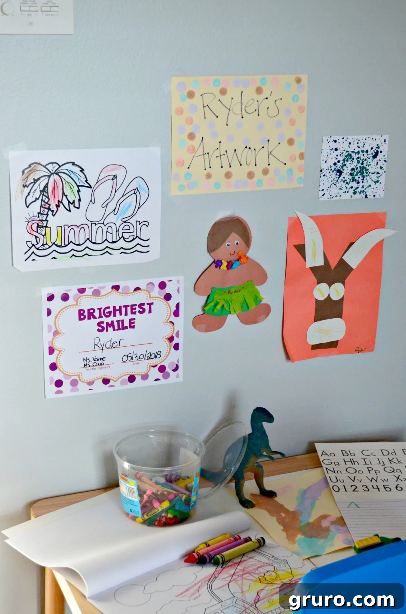 Completed creative workspace for preschool age children with art supplies