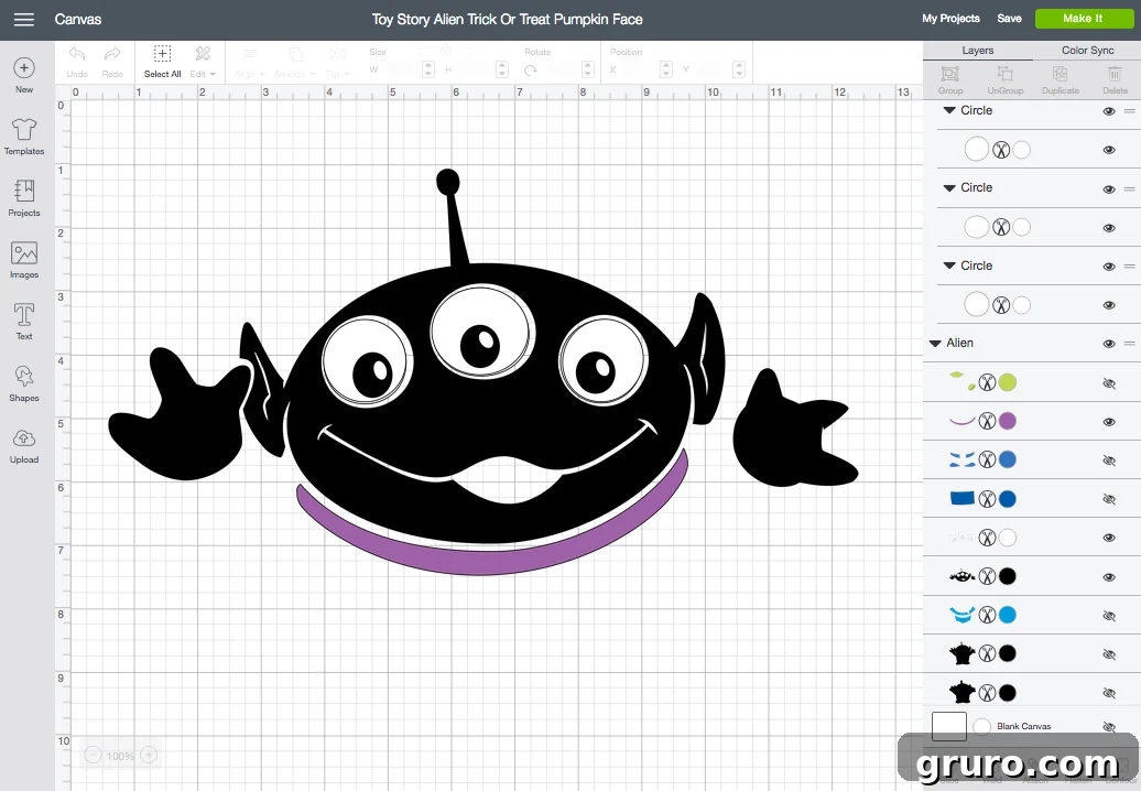 Toy Story Alien Trick or Treat Bucket Screenshot from Cricut Design Space, showing the different vinyl layers